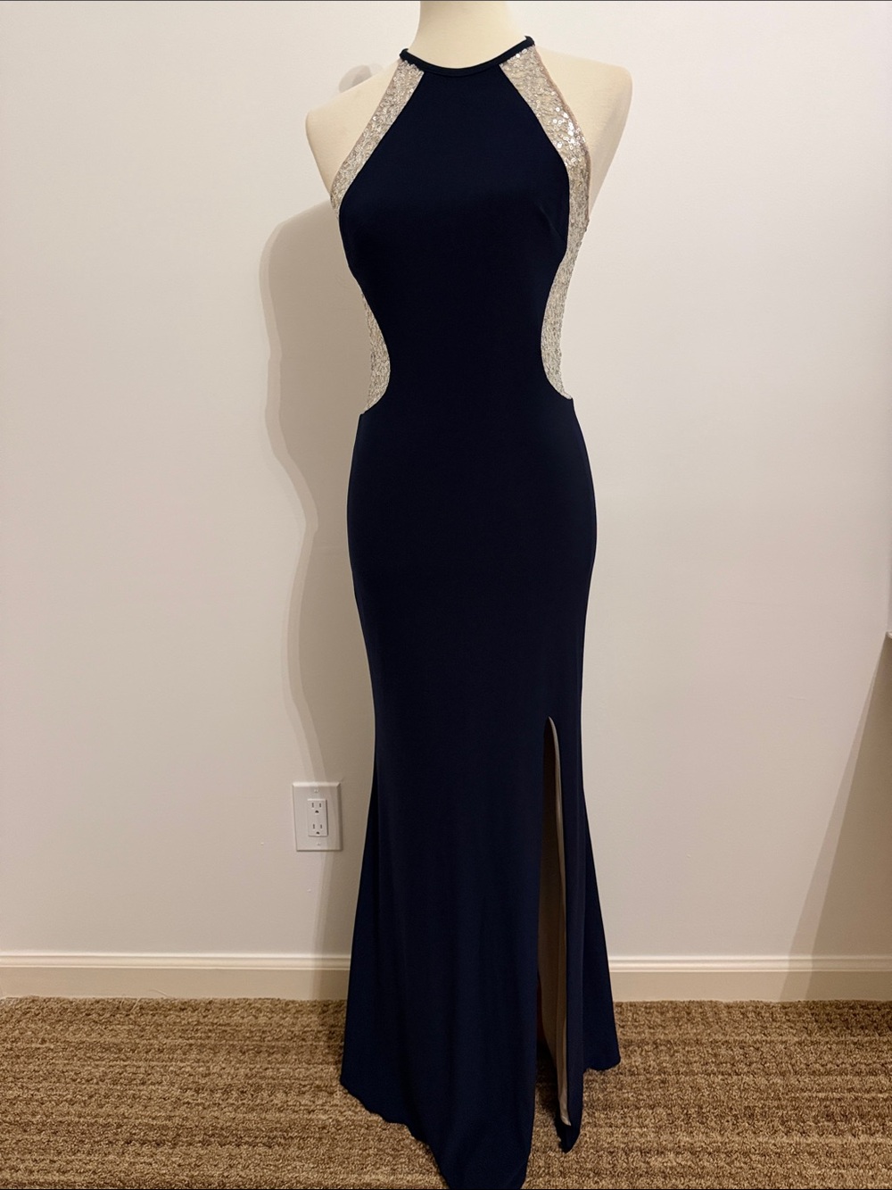XSCAPE Elegant Navy Halter Evening Gown with Silver Sequin Accents size 4